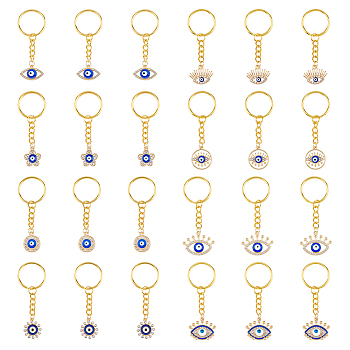 Evil Eye Enamel Rhinestone Keychain, with Alloy Findings, Flower/Flat Round/Eye, Mixed Shapes, 7.2cm, 8pcs/set, 3 sets/box