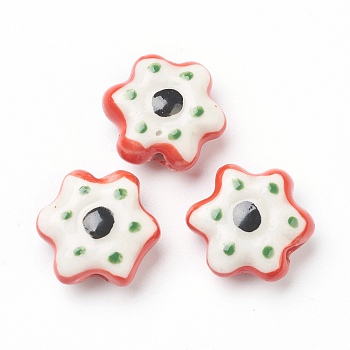 Handmade Porcelain Flower Beads, Red, 15.5~17x15.5~17x7~7.5mm, Hole: 2mm, about 20pcs/strand, 11.42 inch(29cm)
