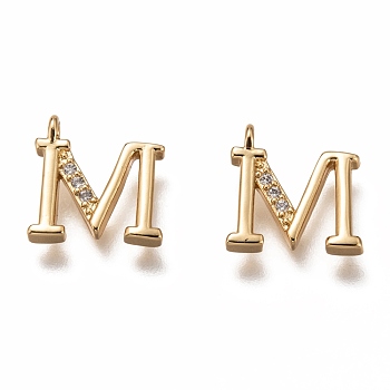 Brass Micro Pave Clear Cubic Zirconia Charms, Cadmium Free & Lead Free, Long-Lasting Plated, Alphabet, Letter.M, 11x11x3mm, Hole: 1.4mm