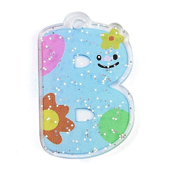 Acrylic Pendants, with Glitter Power, Letter with Smiley Face, Letter B, 29~38x21.5~34.5x2.8mm, Hole: 3mm