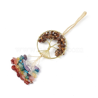 Natural Tiger Eye Tree of Life with Mixed Gemstone Chips Tassel Big Pendant Decorations(HJEW-H057-03G-A03)-2