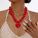 Glass Heart Pendant Round Plastic Beaded Necklaces for Women, Platinum, Deep Pink, 18.90 inch(48cm)(FS-WG4AA6D-05)