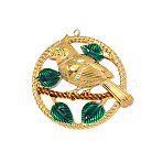 304 Stainless Steel Enamel Pendants, Hand Polished Ring with Bird & Leaf Charm, Real 18K Gold Plated, Ion Plating(IP), Long-Lasting Plated, Green, 43x41mm,Hole:1.80mm(STAS-OY014-15G)