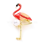 Flamingo Alloy Brooch with Resin Pearl, Exquisite Animal Lapel Pin for Girl Women, Golden, Red, 52x26.5x11.5mm, Hole: 5.5x3mm, Pin: 0.8mm(JEWB-O009-09)