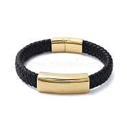 Men's Braided Black PU Leather Cord Bracelets, Rectangle 304 Stainless Steel Link Bracelets with Magnetic Clasps, Golden, 8-5/8x5/8 inch(22x1.6cm)(BJEW-K243-53G)