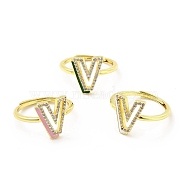 Mixed Color Enamel Initial Letter Adjustable Ring with Clear Cubic Zirconia, Real 18K Gold Plated Brass Jewelry for Women, Cadmium Free & Lead Free, Letter.v, US Size 5 1/4(16mm), Letter.V: 13x11mm(RJEW-P045-01G-V)