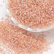 8/0 Round Glass Seed Beads, Grade A, Silver Lined Square Hole, Transparent Colours Rainbow, PeachPuff, 2.8~3.2mm, Hole: 1.0mm, about 15000pcs/pound(SEED-J017-F8-672)
