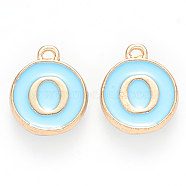 Golden Plated Alloy Enamel Charms, Cadmium Free & Lead Free, Enamelled Sequins, Flat Round with Letter, Sky Blue, Letter.O, 14x12x2mm, Hole: 1.5mm(X-ENAM-S118-04O)