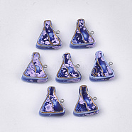 Handmade Porcelain Pendants, Bright Glazed Porcelain, with Brass Findings, Triangle, Platinum, Blue, 23x19x7mm, Hole: 1.5mm(PORC-T002-62)