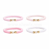4Pcs 4 Color Handmade Polymer Clay Heishi Surfer Stretch Bracelets Set, Alloy Heart Beaded Preppy Bracelet Women, Pearl Pink, Inner Diameter: 2-1/8 inch(5.5cm), 1pc/color(BJEW-JB07753-01)