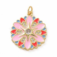 Brass Micro Pave Clear Cubic Zirconia Pendants, Real 18K Gold Plated, with Enamel and Jump Ring, Flower Charms, Pink, 24x21x3mm, Jump Ring: 5x0.8mm, Inner Diameter: 3.2mm(KK-E068-VF008)