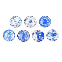 Blue and White Floral Printed Glass Cabochons, Half Round/Dome, Steel Blue, 25x7mm(GGLA-A002-25mm-XX)