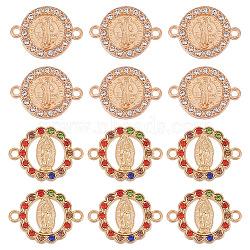 40Pcs 2 Styles Flat Round Alloy Connector Charms, Religion Virgin Mary Links, with Rhinestone, Golden, Mixed Color, 15.3~20x17~20.7x2mm, Hole: 1.6mm, 20pcs/style(FIND-GO0001-33)
