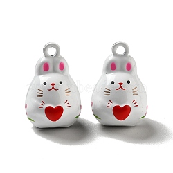 Brass Bell Pendants, Spary Printed, Rabbit with Heart Charm, White, 22.5x15x17mm, Hole: 2.5mm(KK-D081-02)