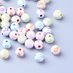 Craft Acrylic Beads, Round with Cross, White, 7~8mm, Hole: 1.5mm(X-SACR-S201-05)