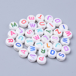 Opaque White Acrylic Beads, Metal Enlaced, Horizontal Hole, Flat Round with Letters, Mixed Color, 7x3.5mm, Hole: 1.8mm(X-MACR-S273-46)