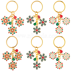 6Pcs 3 Style Alloy Rhinestone Keychain, Snowflake, with Iron Rings, Mixed Color, 72~75mm, 2pcs/style(KEYC-SC00012)