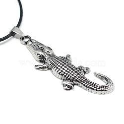 Alloy Pendant Necklaces, with Waxed Cord and Iron End Chains, Crocodile, Antique Silver, 17.3 inch(44cm)(NJEW-S381-090)