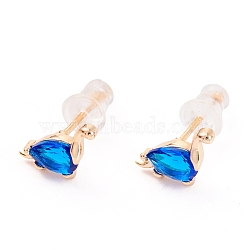 Cute Light Gold Plated Brass Stud Earrings, with Cubic Zirconia and Ear Nuts, Dinosaur, Blue, 8x9mm, Pin: 0.7mm(EJEW-H106-02B)