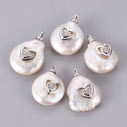 Natural Cultured Freshwater Pearl Pendants, with Brass Micro Pave Cubic Zirconia Cabochons, Long-Lasting Plated, Nuggets with Heart, Real Platinum Plated, 14~18x10.5~13x7~9mm, Hole: 1.5mm(PEAR-F008-55P)