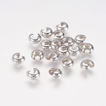 Brass Crimp Beads Covers, Nickel Free, Round, Platinum Color, About 5mm In Diameter, Hole: 3mm, Close Hole: About 1.2~1.5mm