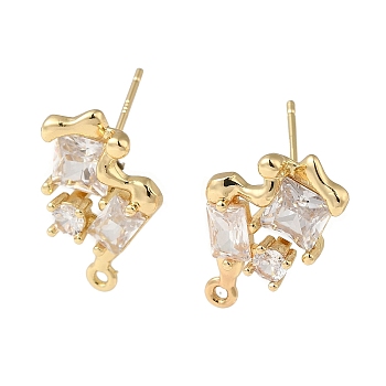 Brass with Clear Cubic Zirconia Stud Earring Findings, Nuggets, Real 14K Gold Plated, 20x13mm, Hole: 1.4mm, Pin: 0.5x14mm