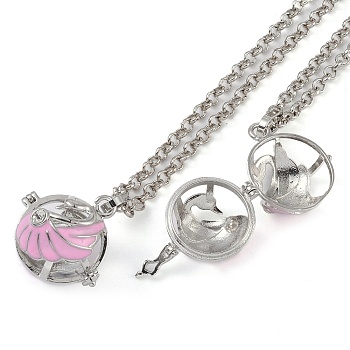 Brass Enamel Pendant Necklaces, Iron Rolo Chains, Round with Footprint Pattern, Platinum, Pearl Pink, 31.77 inch(807mm)