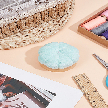 Velvet Pin Cushion, Pumpkin Sewing Pin Cushions, with Wood Base, for Needlework, Aquamarine, 68~72x69~72x37~38.5mm, 1pc