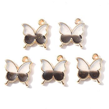 Light Gold Plated Alloy Enamel Pendants, with Glitter Sequin, Butterfly, Dark Gray, 15.5x14x1.5mm, Hole: 1.6mm