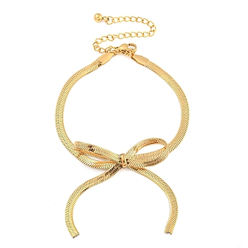 Bowknot 304 Stainless Steel Snake Chain Bracelets for Women, Real 18K Gold Plated, 6-1/2 inch(16.5cm)