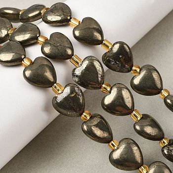 Natural Pyrite Beads Strands, with Seed Beads, Heart, Top Drilled, 12~13x12.5x6mm, Hole: 1mm, about 13pcs/strand, 8.07''(20.5cm)