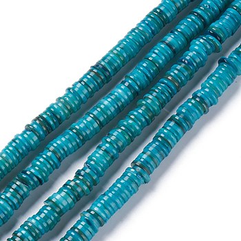 Natural Freshwater Shell Beads Strands, Dyed, Heishi Beads, Flat Round/Disc, Dark Turquoise, 8~8.5x1~3mm, Hole: 1mm, about 210pcs/strand, 15.39 inch(39.1cm)