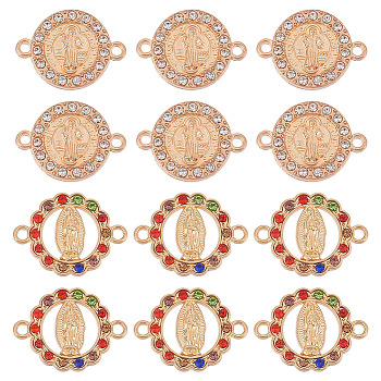 40Pcs 2 Styles Flat Round Alloy Connector Charms, Religion Virgin Mary Links, with Rhinestone, Golden, Mixed Color, 15.3~20x17~20.7x2mm, Hole: 1.6mm, 20pcs/style