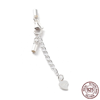925 Sterling Silver Curb Chain Extender, End Chains with Lobster Claw Clasps and Cord Ends, Heart Chain Tabs, with S925 Stamp, Silver, 22.5mm