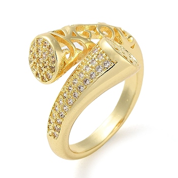Rack Plating Brass Micro Pave Cubic Zirconia Open Cuff Rings, Real 18K Gold Plated, US Size 6(16.5mm)