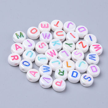 Opaque White Acrylic Beads, Metal Enlaced, Horizontal Hole, Flat Round with Letters, Mixed Color, 7x3.5mm, Hole: 1.8mm