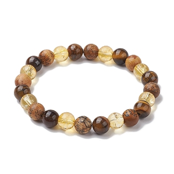 8mm Round Natural Tiger Eye & Picture Jasper, Synthetic Citrine Beaded Stretch Bracelets for Women, Inner Diameter: 2-1/8~2-3/8 inch(5.5~6cm)