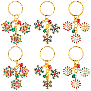 6Pcs 3 Style Alloy Rhinestone Keychain, Snowflake, with Iron Rings, Mixed Color, 72~75mm, 2pcs/style