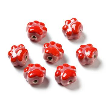 Handmade Printed Porcelain Beads, Paw Prints, Pale Violet Red, 13.5x15x9.5mm, Hole: 1.8mm