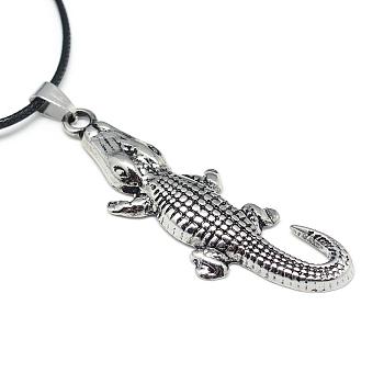 Alloy Pendant Necklaces, with Waxed Cord and Iron End Chains, Crocodile, Antique Silver, 17.3 inch(44cm)