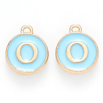 Golden Plated Alloy Enamel Charms, Cadmium Free & Lead Free, Enamelled Sequins, Flat Round with Letter, Sky Blue, Letter.O, 14x12x2mm, Hole: 1.5mm