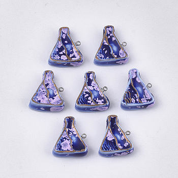 Handmade Porcelain Pendants, Bright Glazed Porcelain, with Brass Findings, Triangle, Platinum, Blue, 23x19x7mm, Hole: 1.5mm
