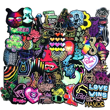 Waterproof PVC Colored Neon Style Stickers, for Water Bottles, Laptop, Luggage, Cup, Computer, Mobile Phone, Skateboard, Guitar Stickers, Mixed Pattern, Mixed Color, 20~65x55~80mm, 75pcs/set