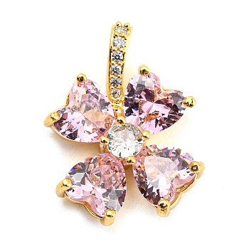 Brass Pave Cubic Zirconia Pendants, Real 14K Gold Plated, Flower, Pink, 19x14x5mm, Hole: 4x1.5mm