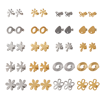 40Pcs 20 Styles 201 Stainless Steel Stud Earring Findings, with Ear Nuts and 304 Stainless Steel Pins, Flower & Snowflake & Donut, Mixed Shapes, Golden & Stainless Steel Color, 7.5~17x9~16.5mm, Hole: 1.2~1.4mm, Pin: 0.7mm, 2pcs/style