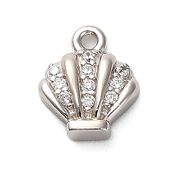 925 Sterling Silver Micro Pave Clear Cubic Zirconia Shell Shaped Charms, with 925 Stamp, Rhodium Plated, Platinum, 8.5x6.5x2.5mm, Hole: 1mm