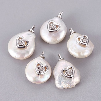 Natural Cultured Freshwater Pearl Pendants, with Brass Micro Pave Cubic Zirconia Cabochons, Long-Lasting Plated, Nuggets with Heart, Real Platinum Plated, 14~18x10.5~13x7~9mm, Hole: 1.5mm