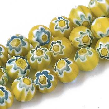 Handmade Millefiori Lampwork Beads Strands, Round, Yellow, 8mm, Hole: 1.2mm, about 48pcs/strand, 14.17 inch(36cm)