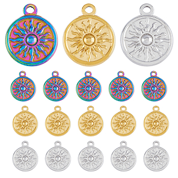 18Pcs 3 Colors 304 Stainless Steel Pendants, Flat Round with Sun, Mixed Color, 19x15.5x2mm, Hole: 1.8mm, 6pcs/color