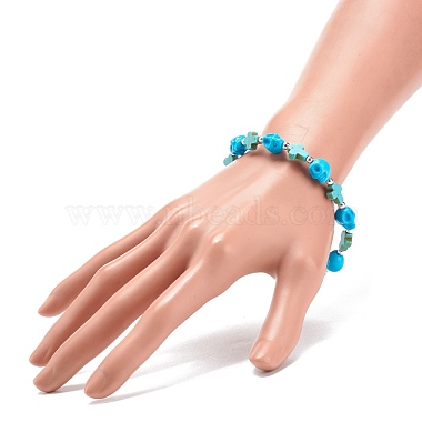 bracelet extensible en perles de turquoise synthétique (teint) avec croix et tête de mort(BJEW-JB08452-04)-3